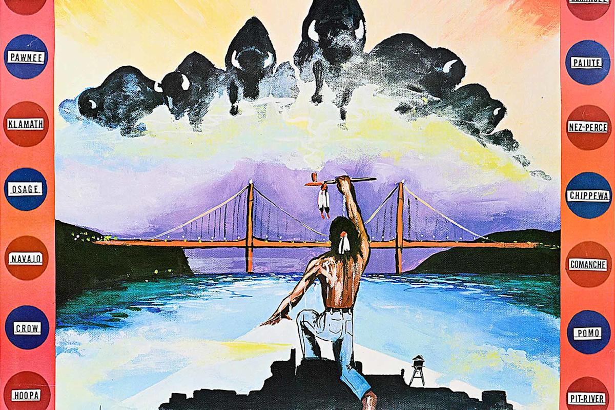 A person raises a feathered staff toward a bridge with buffalo emerging from clouds above. Tribal names border the colorful scene, signifying Native American heritage and unity.