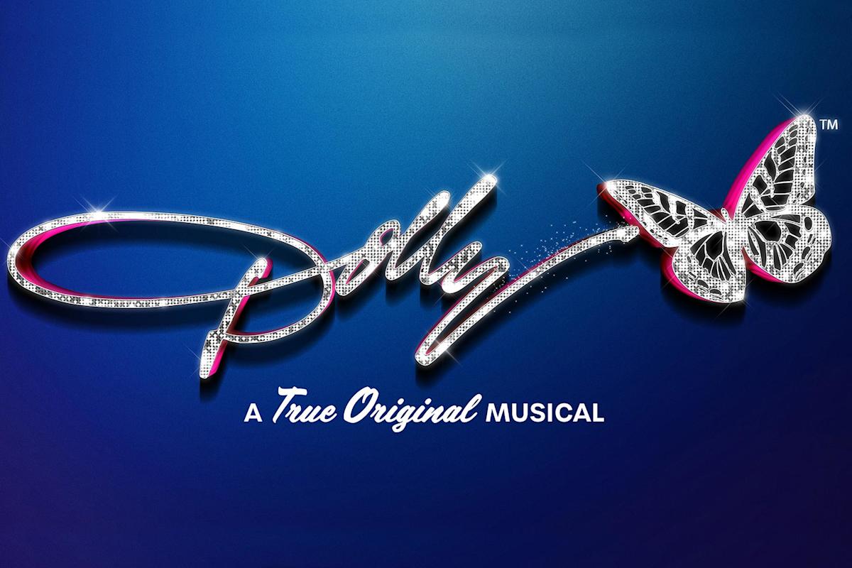 Sparkling script spells “Dolly” with a jeweled butterfly accent; below, white and blue text reads “A True Original Musical” on a blue background.