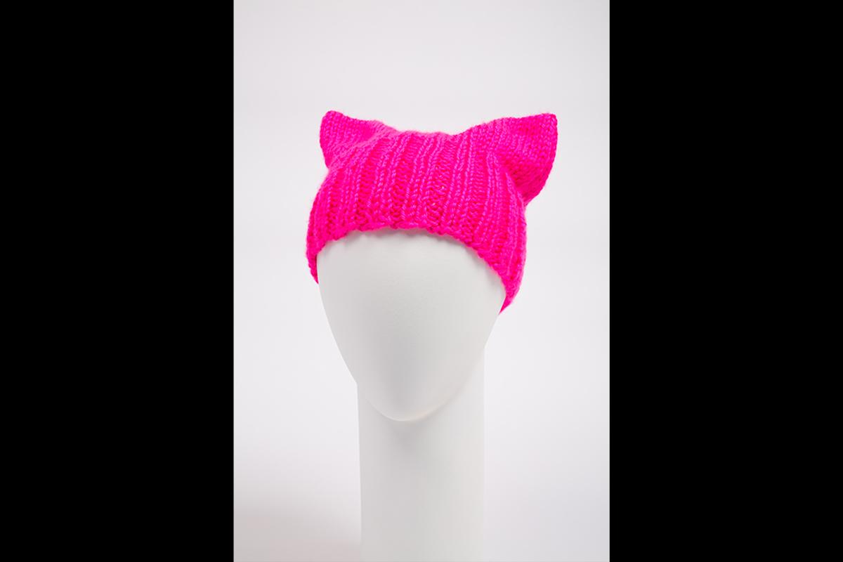 &quot;Pussyhat,&quot; pink synthetic wool, 2017, USA, Gift of Colleen Hill.
