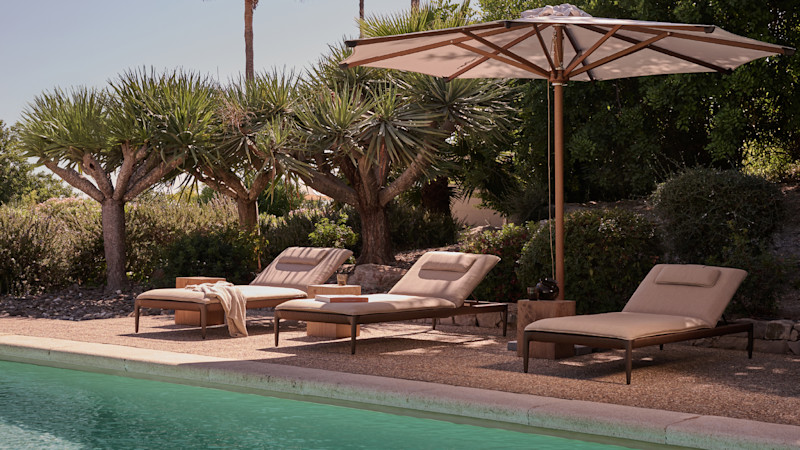 Nagomi loungers, Eclipse Umbrella, Roots side tables