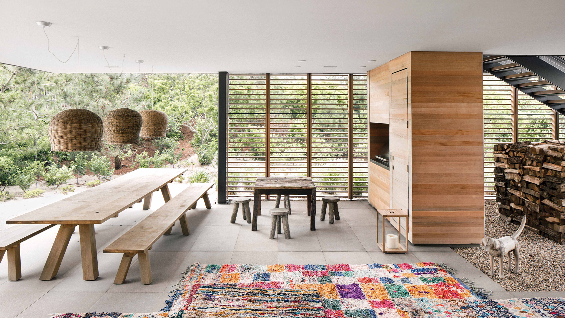 Wood dining table and bench by Van Rossum, Lantern by Tribu