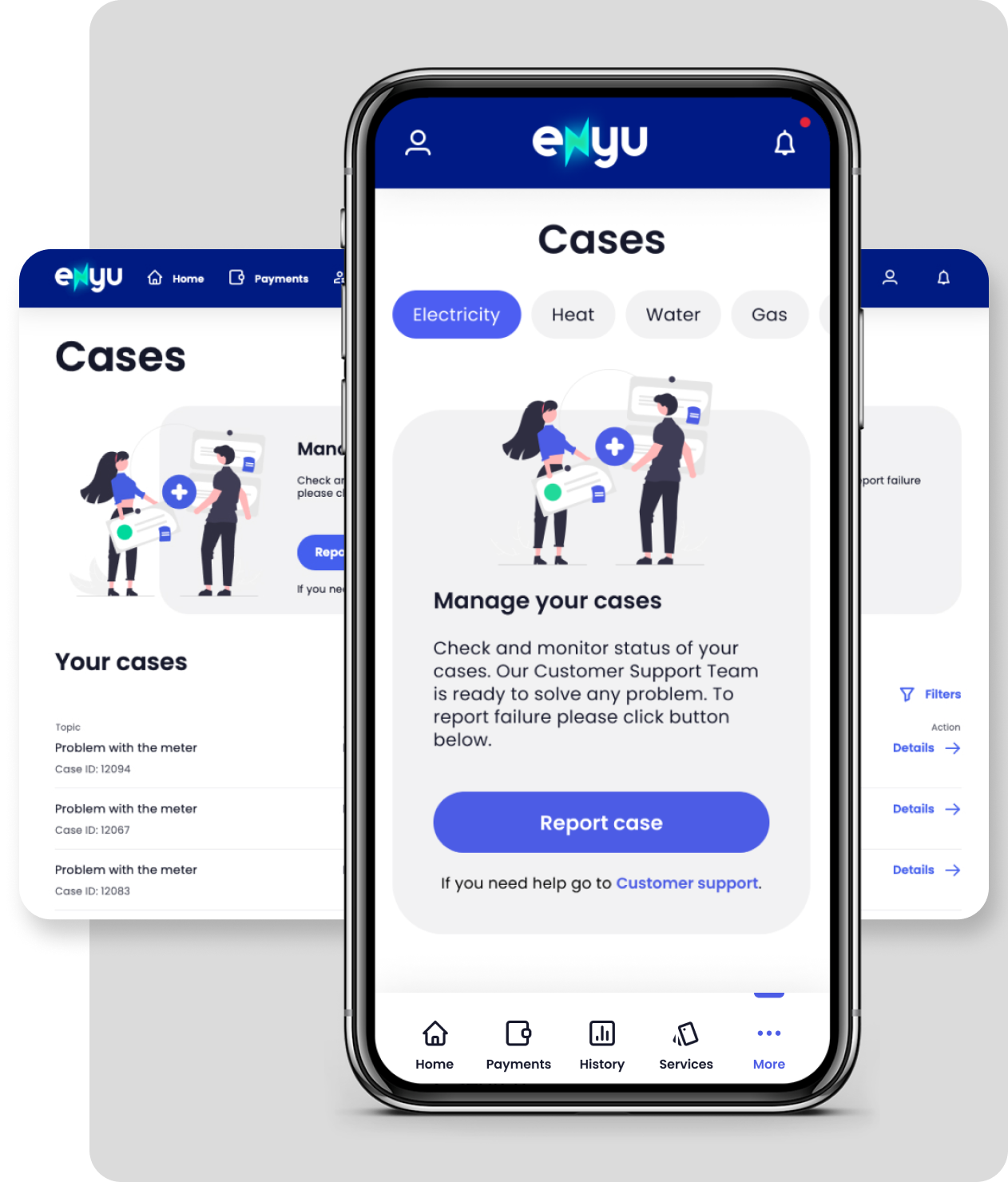 Enyu self-care mobile app screens show screens of reporting cases to the customer service team.