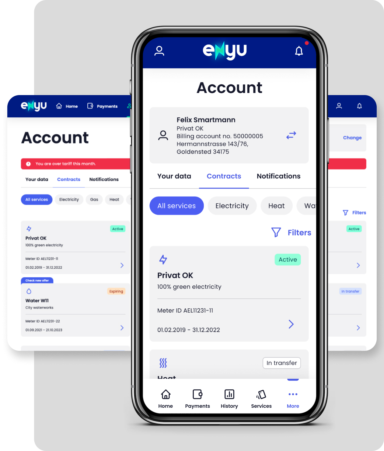 Enyu mobile app for energy and utilities - your account view