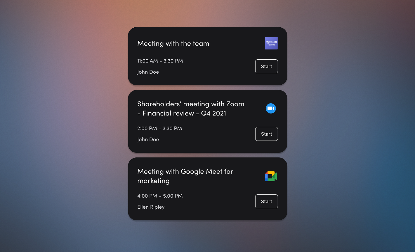 Three one-tap join buttons, one for microsoft teams, one for zoom, one for google meet