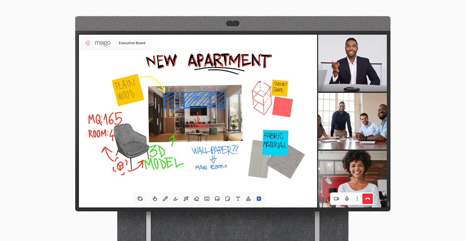 Mago whiteboard on a large touchscreen display used during a hybrid meeting, showing real-time annotations, images and sticky notes while remote participants join via integrated video conferencing.