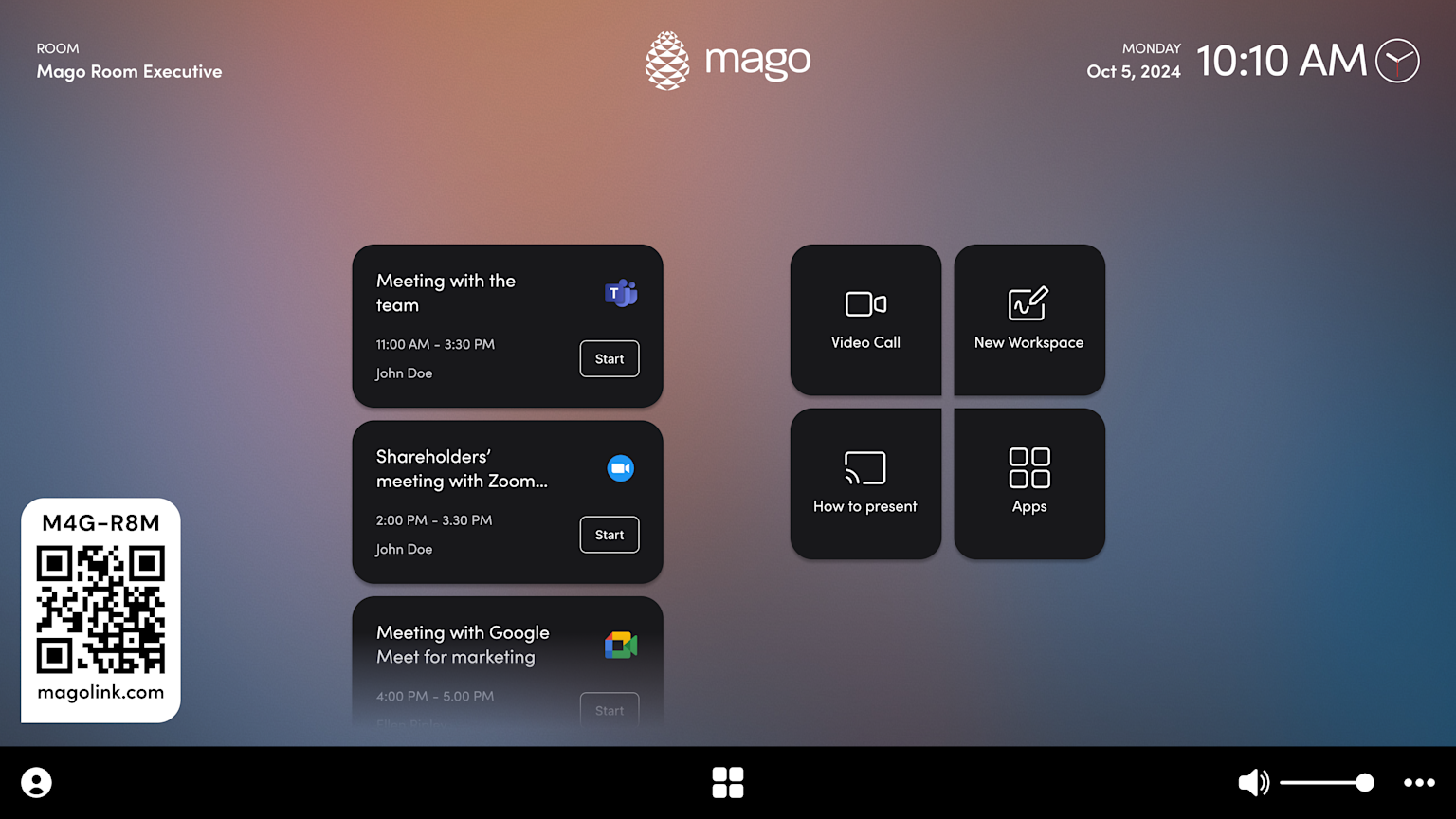 Mago Pro home interface showing room calendar with one-tap join for Teams, Zoom and Google Meet, quick actions for video calls, whiteboard and apps, plus QR code for wireless sharing via Magolink or Mago App.