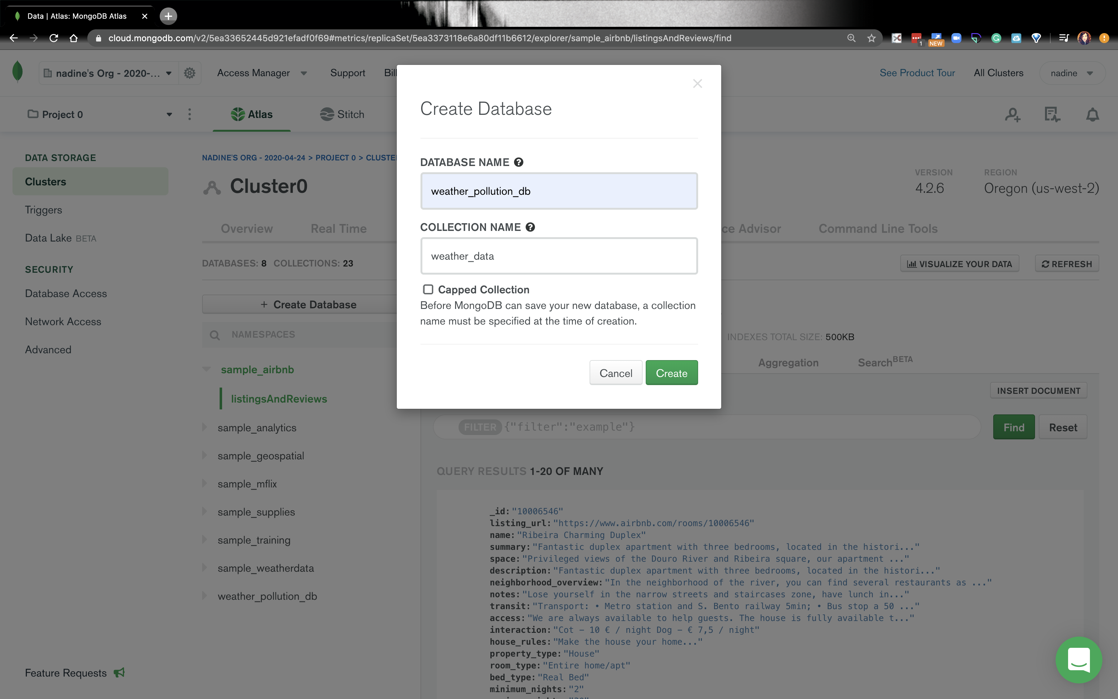 Create the database and weather_data collection on MongoDB