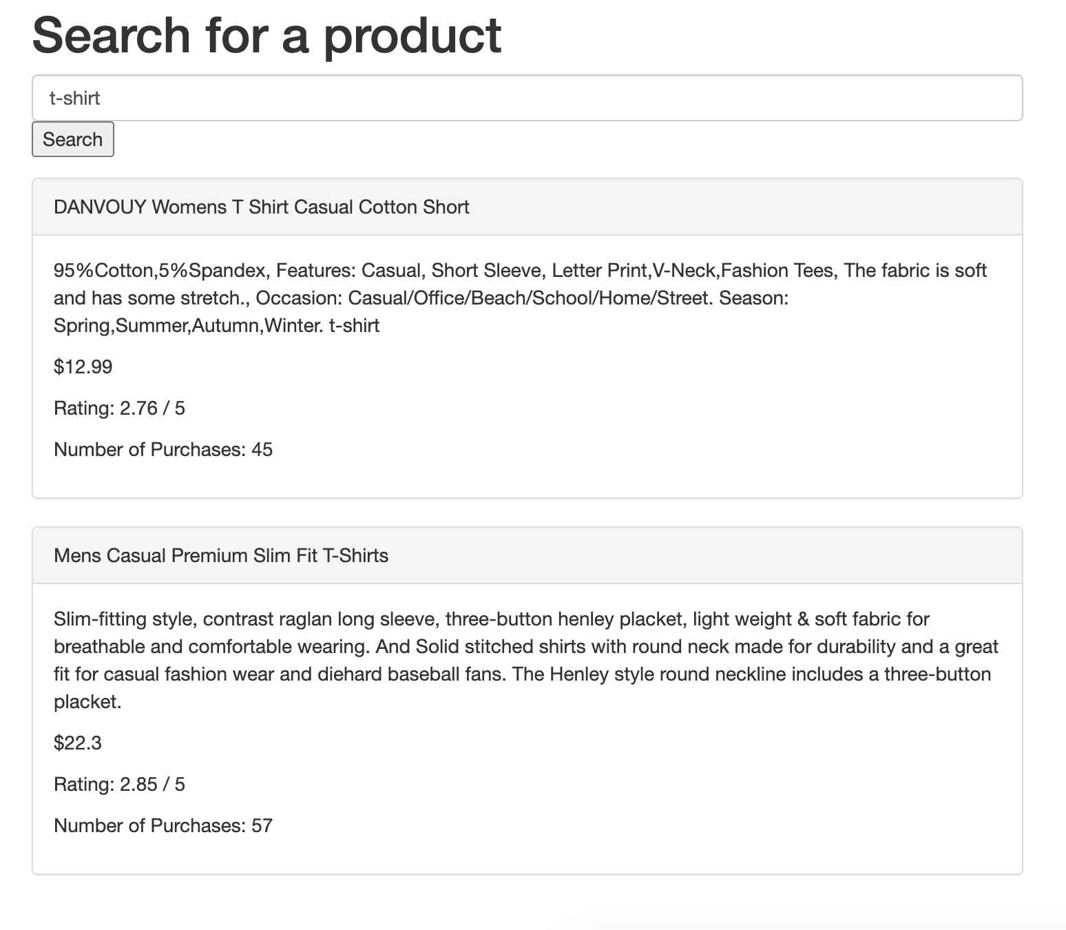 Fig 3. Results showing rating and number of purchases as returned from Rockset