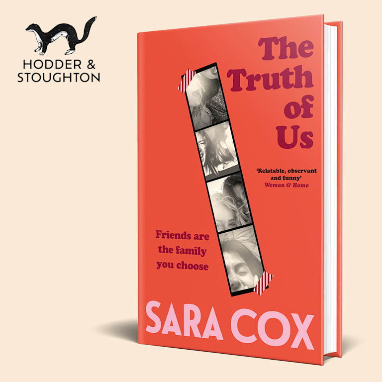 A 3D render of a book with an orange cover against a linen background. The title reads "The Truth of Us" in dark red text, with a review quote below it from Woman & Home calling it "'Relatable, observant and funny'".
