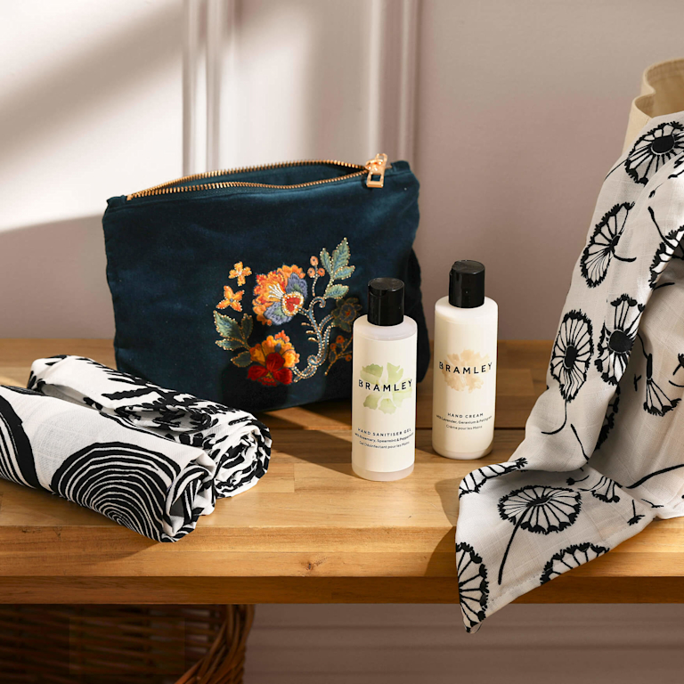 Give them one less thing to worry about. This stylish set includes three super soft muslins from Etta Loves, hand sanitiser and hand cream from Bramley, and a luxe pouch from Elizabeth Scarlett for popping it all in. 