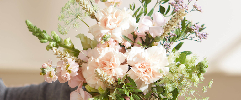 A front-facing floral arrangement of carnations, snapdragons and ammi.