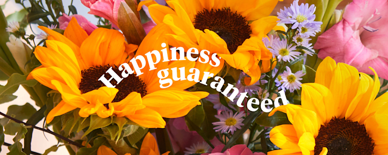 The words 'Happiness guaranteed' appear in front of a vivid sunflower bouquet.