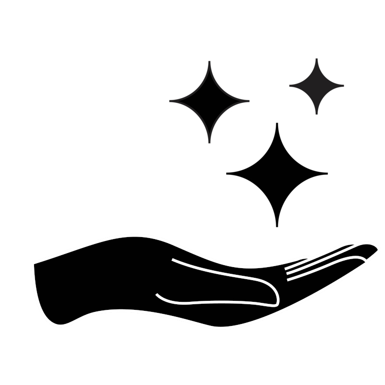 Black icon of open hand beneath three stars.