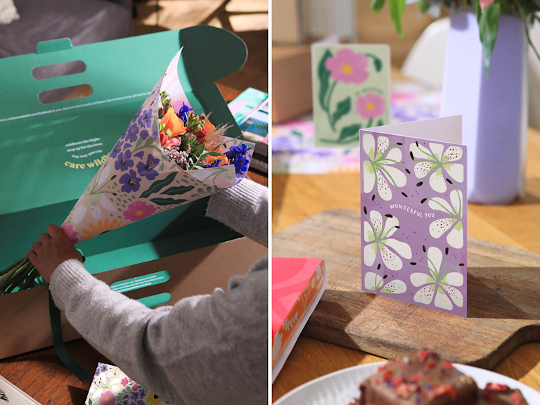 Image shows a split screen. The left hand side shows a bouquet in a beautiful floral wrap being lifted out of a Bloom & Wild box. The right side shows a purple greeting card with the words 'wonderful you' on the front
