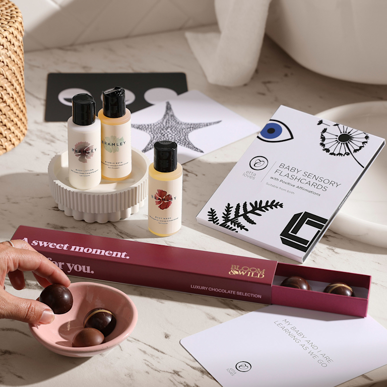They’re doing so much better than they realise. Let them know with baby sensory cards that come with affirmations for parents too. Luxe chocs. And a bath and body set from Bramley to give themselves some TLC. 