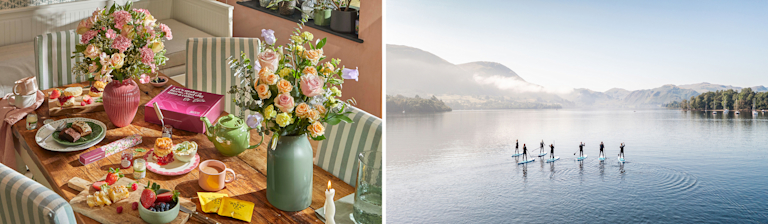A split-screen image for Mother’s Day. Left: A wooden table laid with a pink and peach rose bouquet, afternoon tea and a gift box. Right: People paddle-boarding on a misty, calm lake surrounded by hills.