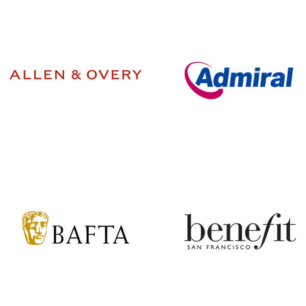 The four logos of Allen & Overy, Admiral, BAFTA and benefit cosmetics.