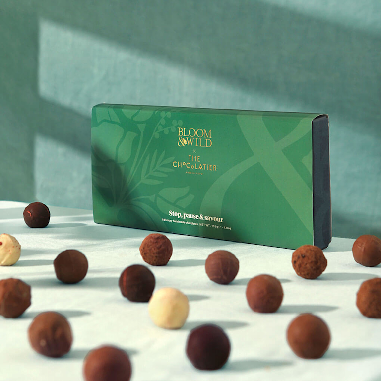 The Stop, Pause & Savour Chocolates on a light green background