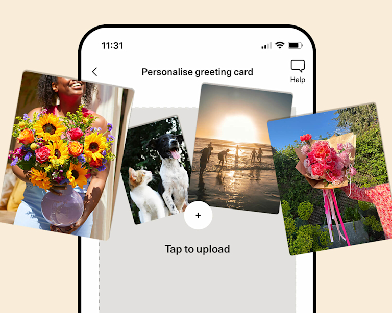 A smartphone screen shows the "Personalise greeting card" feature. Four personalised photo cards are fanned out: a woman holding sunflowers, two dogs, people on a beach at sunset, and a hand holding a bouquet of pink flowers.