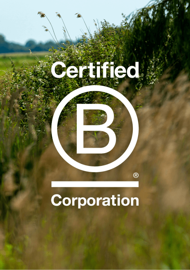 The official B corporation certificate logo placed over a photograph of a countryside hedgerow
