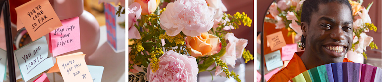 A collage of three images, showing a series of snapshots around a dresser. There's a pink peony bouquet on the dresser and post-its with affirmations on the mirror. A man with a rainbow flag sits in front of them, smiling.