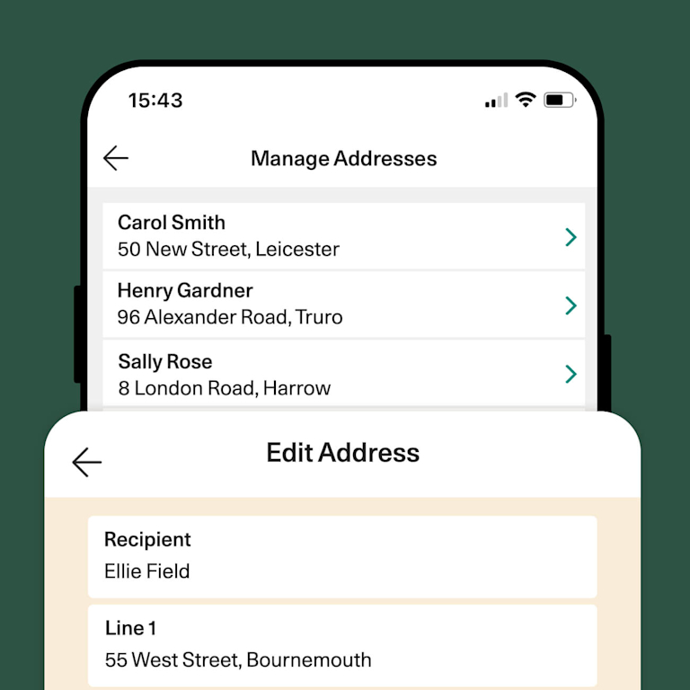 The Bloom & Wild app shows "Manage Addresses" with a list including Carol Smith and Henry Gardner. An "Edit Address" screen is partially visible, showing "Ellie Field" as recipient at "55 West Street, Bournemouth".