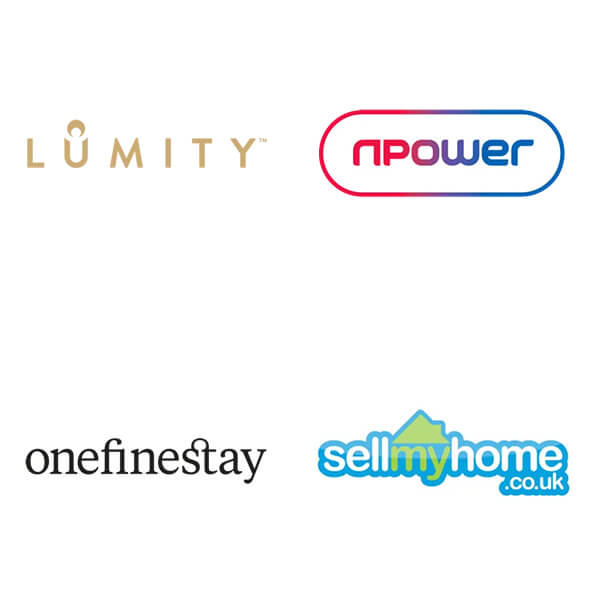 The four logos of Lumity, Npower, One Fine Stay and Sell My Home.