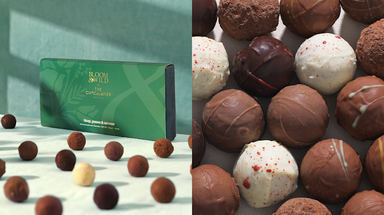 A premium box of Stop, Pause & Savour chocolates, with round chocolate truffles placed artfully in front of it. Next to it is a close-up of luxurious milk, white and dark truffles.