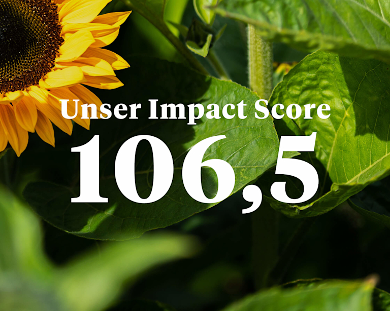 Auf einer Nahaufnahme einer Sonnenblume umgeben von grünen Blättern ist zu lesen: "Unser Impact Score: 106,5".