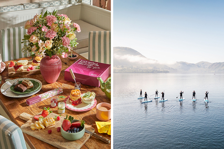 A split-screen image for Mother’s Day. Left: A wooden table laid with a pink and peach rose bouquet, afternoon tea and a gift box. Right: People paddle-boarding on a misty, calm lake surrounded by hills.