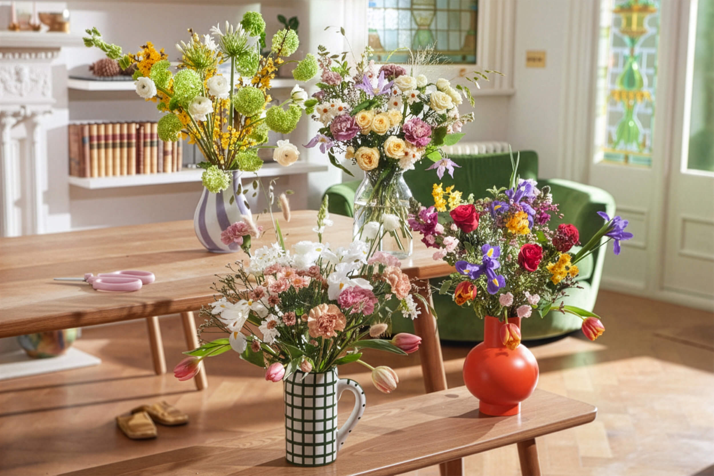 Four blossoming bouquets, with a variety of springtime stems, sit in vases across a dining room table and bench. A pair of pink floristry scissors rest on the table.