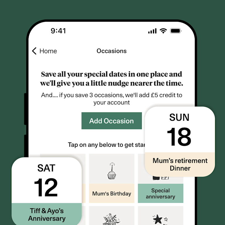 Bloom & Wild app displays "Occasions" feature: save dates, get £5 credit. Calendar shows "Tiff & Ayo's Anniversary" (Sat 12) and "Mum's retirement Dinner" (Sun 18), plus birthday and anniversary icons.