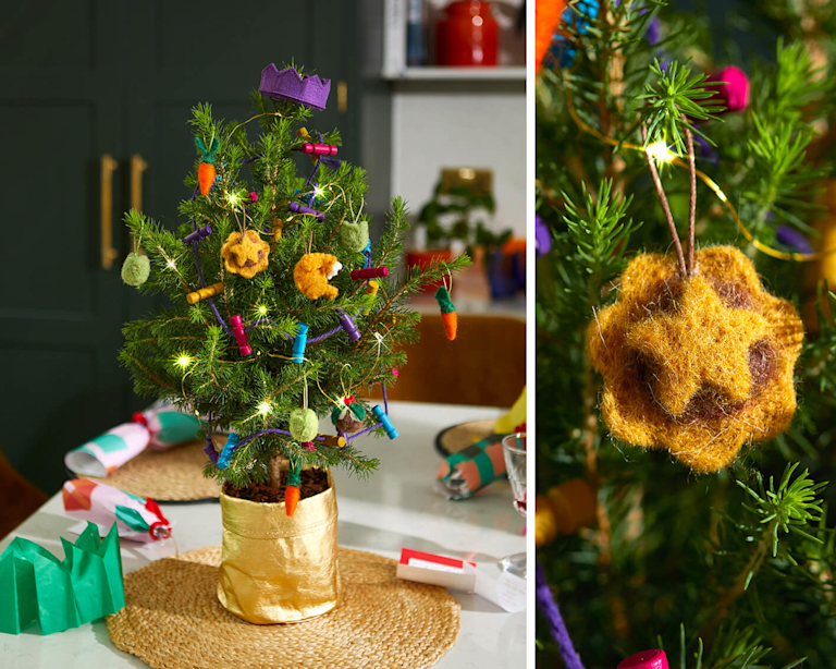 A collage of a mini Christmas tree, decorated with roast dinner items (like Christmas crackers, turkeys, carrots, and Brussels sprouts).