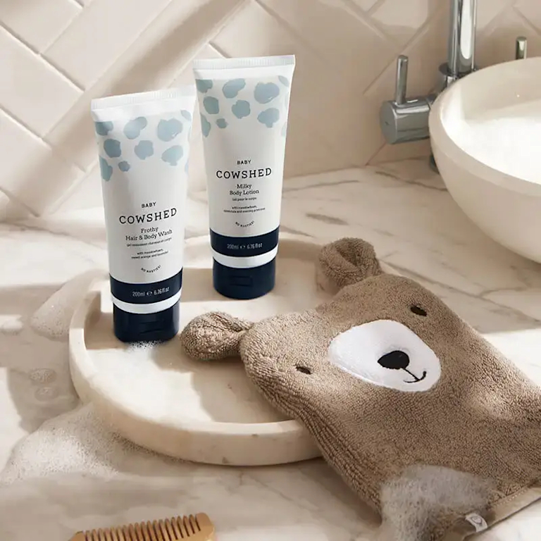 A soothing bundle with Cowshed body wash and milky body lotion, formulated with all-natural and extremely delicate ingredients. MORI's ultra-absorbent (and ultra-cute) baby towels make drying time fun.