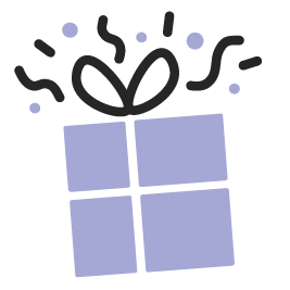 An illustrative lilac gift box with a black ribbon bow. Confetti dots and playful streamers burst from the top, creating a celebratory and joyful feel.