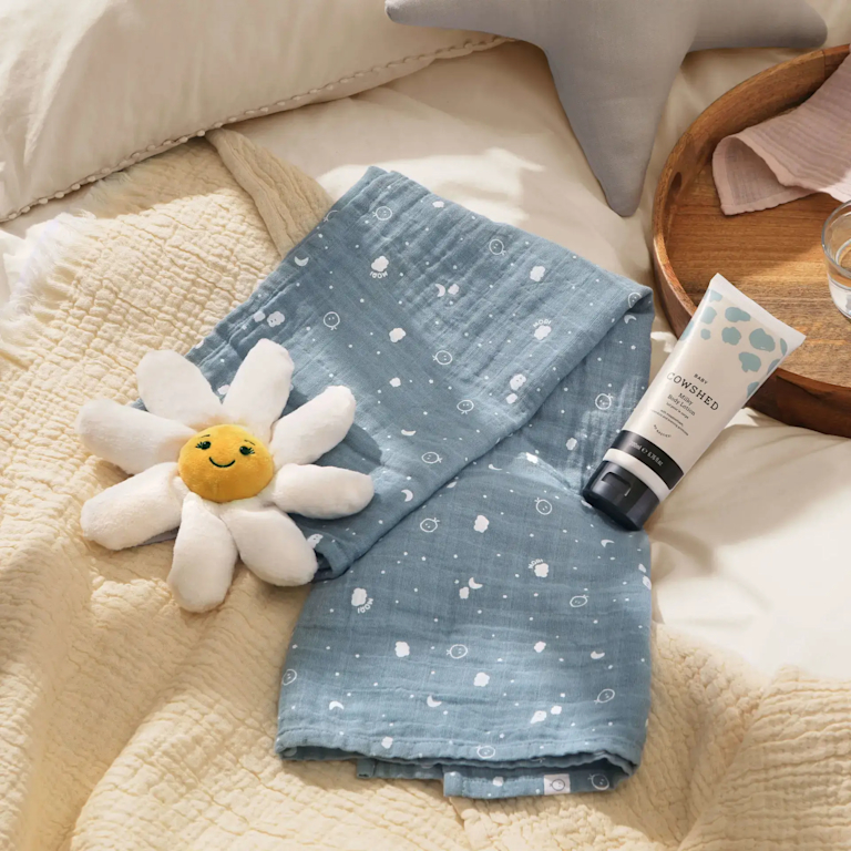MORI's baby-soft muslin is an essential for any home for smaller newborns. Completing the bundle is Jellycat's daisy plushie and a Cowshed milky body lotion. Its all-natural ingredients make it perfect for delicate baby skin.