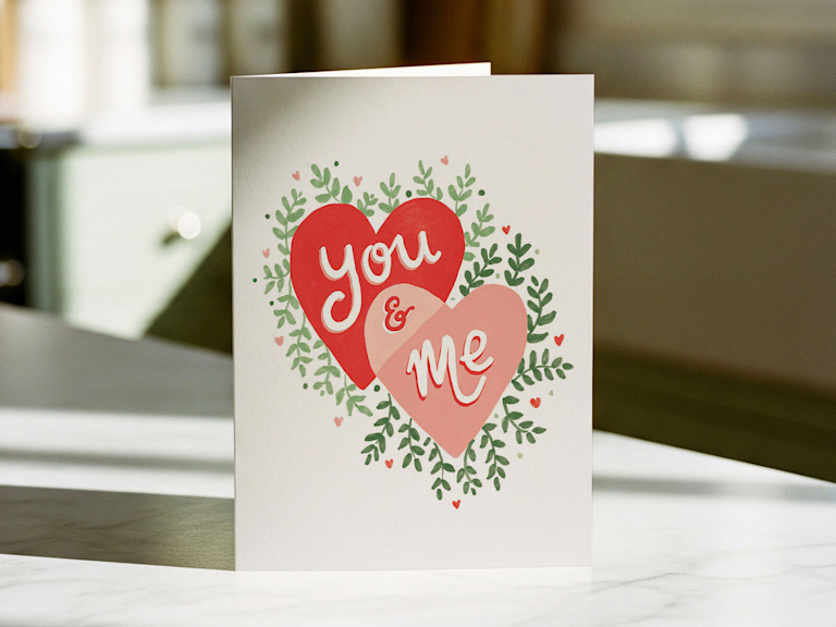 A beautiful Valentine's card with an illustrated "You & Me" heart design surrounded by delicate green foliage. The clean, crisp card sits in soft sunlight, evoking a thoughtful and romantic sentiment for a special someone.