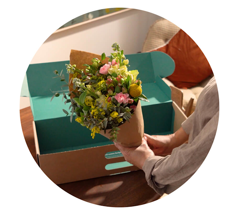 Eine Frauenhand hält einen frischen Blumenstrauß, eingewickelt in braunem Packpapier