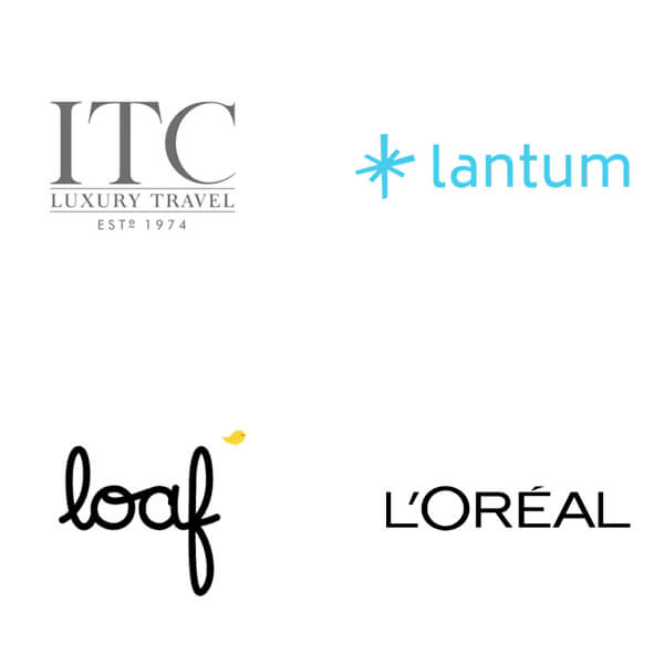 The four logos of ITC luxury travel, Lantum, Loaf and L'oréal. 