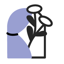 A stylised illustration of two flowers peeking out from behind a draped lilac curtain, evoking a sense of anticipation and a first look at new designs.