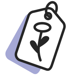 A white price tag icon with a bold black outline and a soft lilac shadow. A single minimalist flower is drawn in the centre, representing exclusive floral deals.