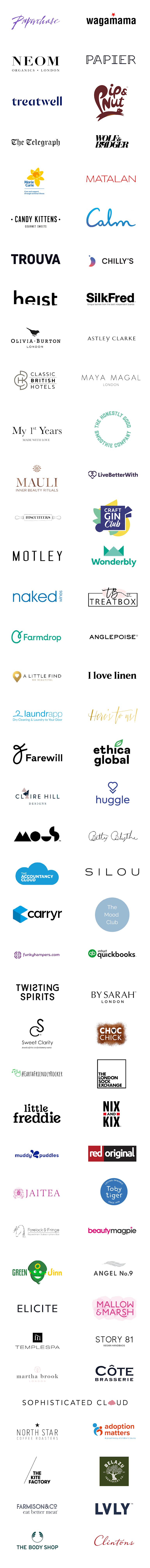 A number of brands' logos, showing the companies that have signed up to be part of The Thoughtful Marketing Movement. They include Wagamama, Paperchase, Mary Curie and The Body Shop.