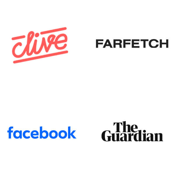 The four logos of Clive, Farfetch, Facebook and The Guardian.