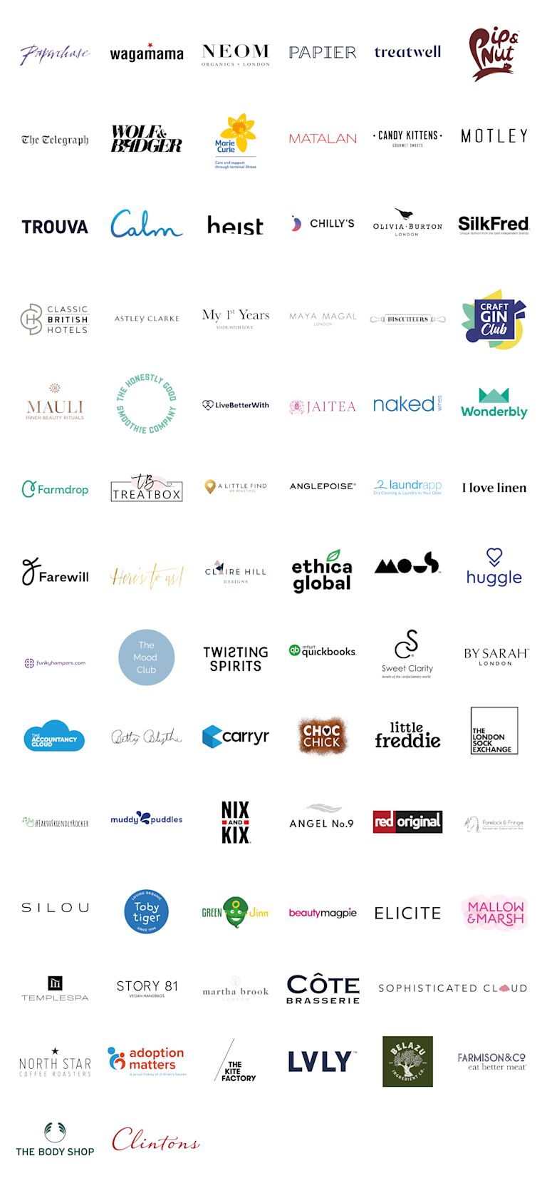 A number of brands' logos, showing the companies that have signed up to be part of The Thoughtful Marketing Movement. They include Wagamama, Paperchase, Mary Curie and The Body Shop.