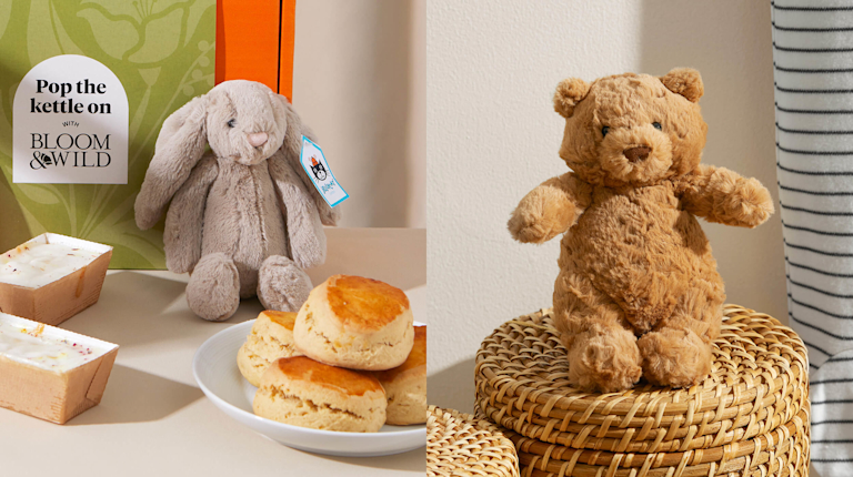 A super soft grey Jellycat bunny with floppy ears, next to an afternoon tea set. In the next image, a fluffy Jellycat brown teddy sits on a wicker basket.