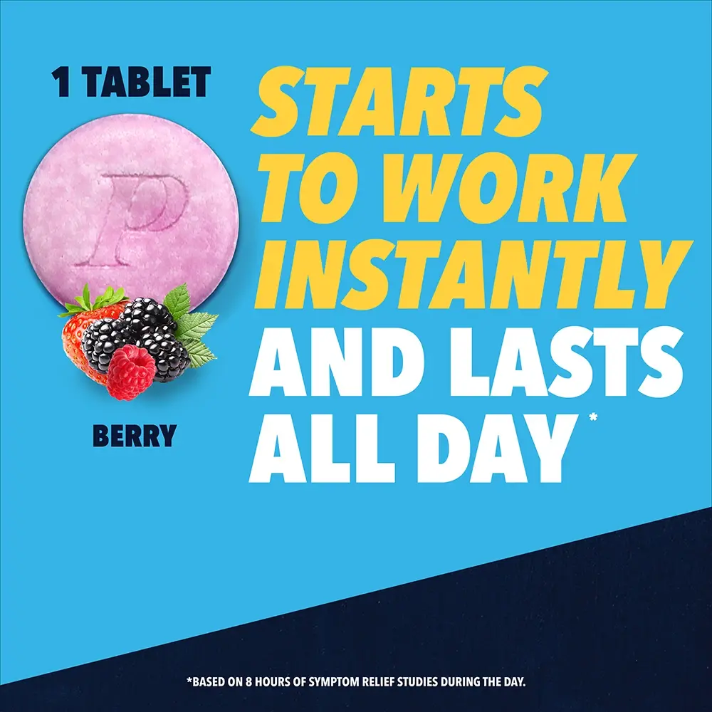 A pink berry-flavored Pepcid® tablet that fights heartburn all day.