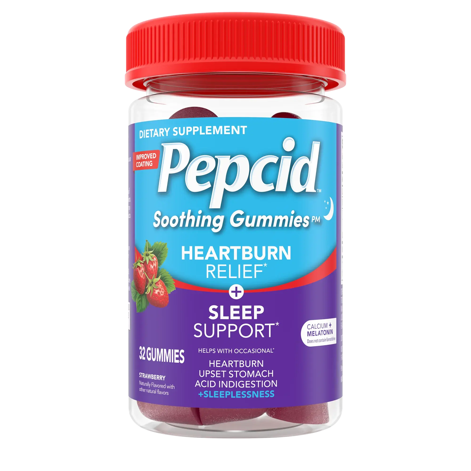 PEPCID Soothing Gummies Heartburn + Sleep front of bottle