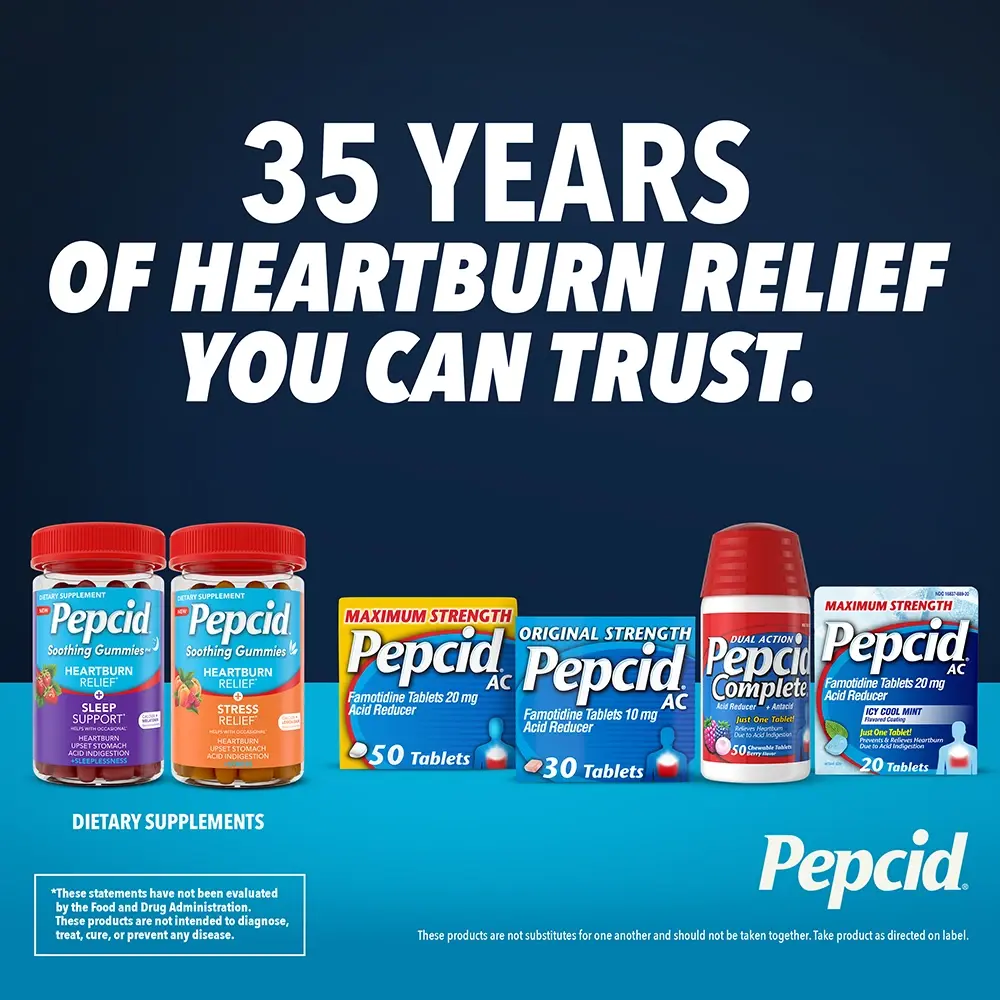 Variety of Pepcid heartburn relief products including gummies and tablets, highlighting 35 years of trusted relief.