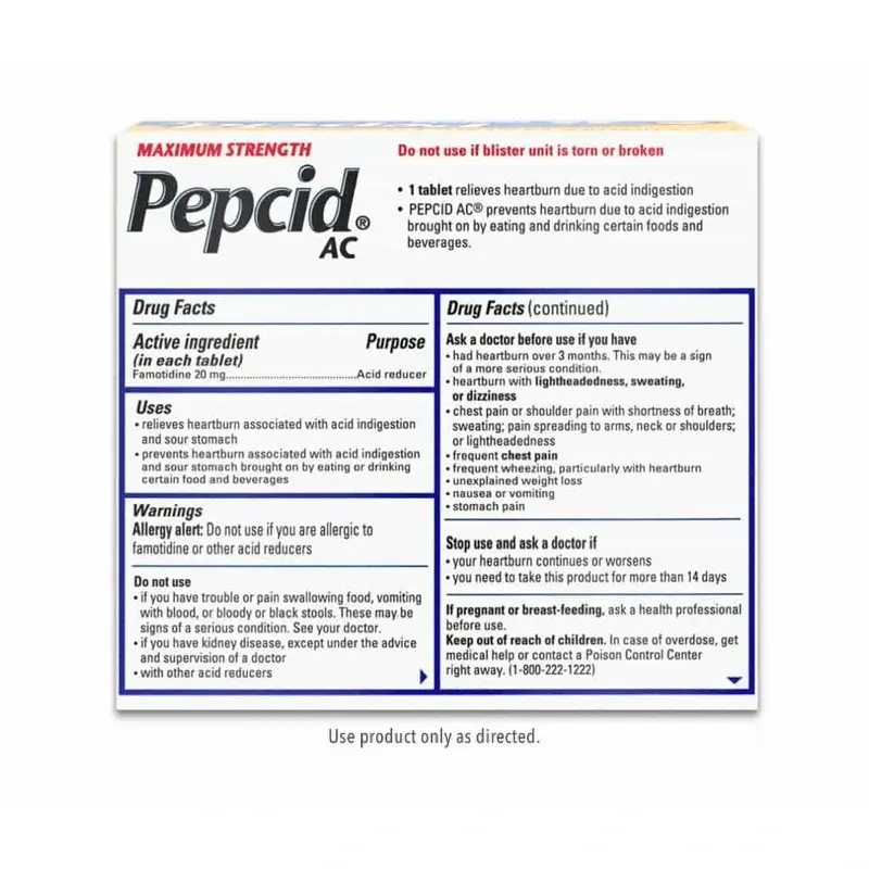 Drug facts, uses, warnings, and dosage on a Maximum Strength Pepcid AC® package.