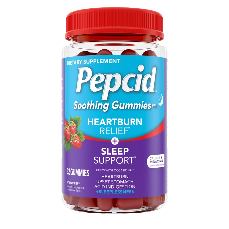 PEPCID Soothing Gummies Heartburn + Sleep front of bottle